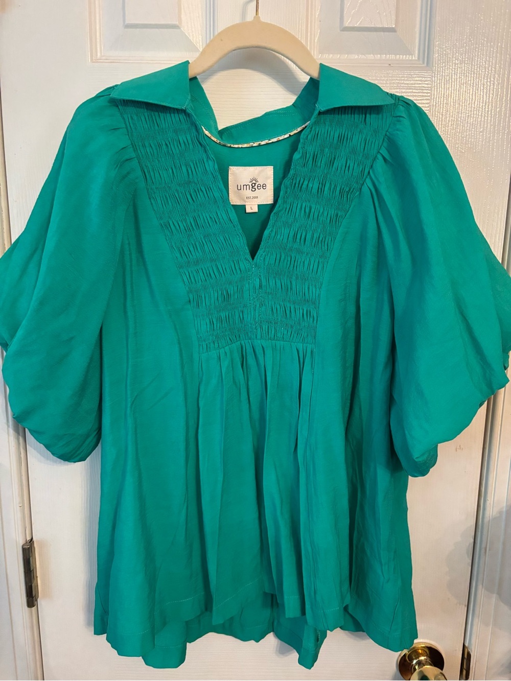 Umgee Teal Smocked V-Neck Puff Sleeve Tunic Top